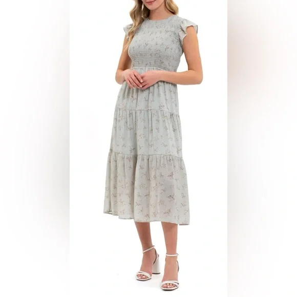 Sweet Wander Women’s Floral Smocked Tiered Midi SZL Boho Cottagecore Romantic - Picture 1 of 8